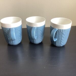 Set of 3 YEDI LIGHT Blue Vintage Cable Knit Sweater Pattern Coffee Mugs - Nice